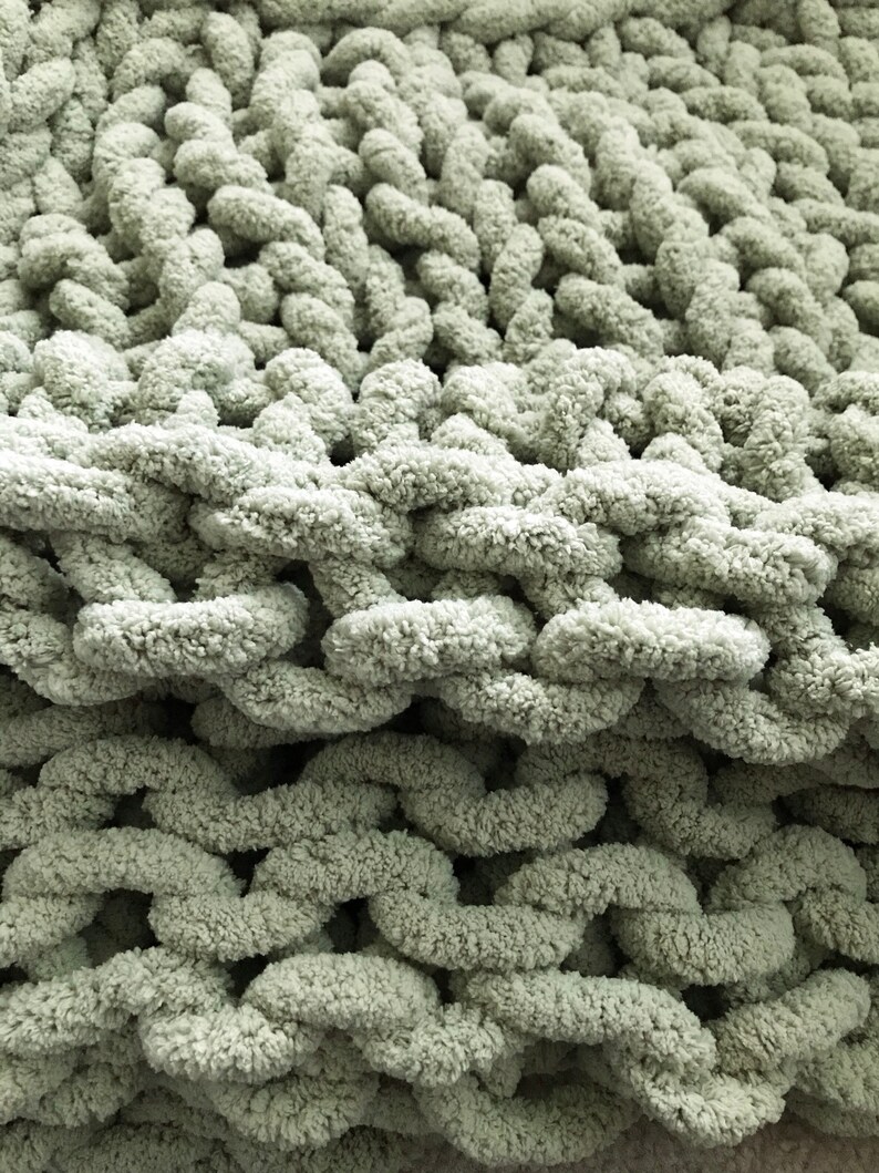 Chunky hand knit fuzzy throw blanket in sage green birthday Etsy