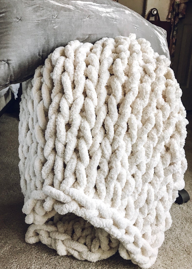 Chunky hand knit fuzzy throw blanket in ivory birthday gift Etsy