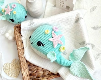 Baleia de crochê verde menta, brinquedo amigurumi marinho, decoração náutica para quarto de bebê