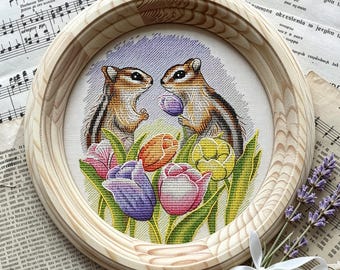Chipmunks with Tulips Cross Stitch Pattern PDF Saga, Cute Animal Embroidery Chart, Pattern Keeper Compatible, Instant Download DMC Floss