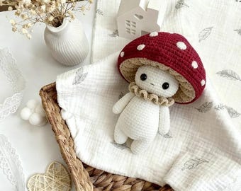 Boneco de cogumelo grande de crochê, amigurumi de cogumelo de pelúcia, decoração de quarto estilo cottagecore, brinquedo de fada da floresta feito à mão.
