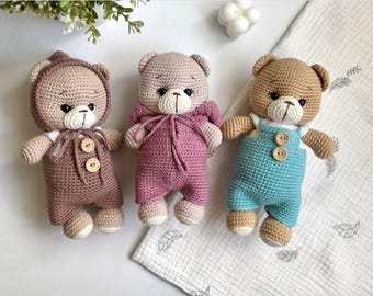 Ursinho de crochê amigurumi feito à mão, brinquedo de peluche macio de algodão para bebé, brinquedo orgânico para recém-nascido