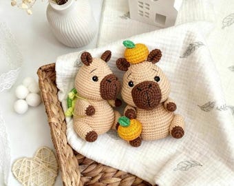 Peluche capivara em crochê com laranja e tartaruga, conjunto capivara amigurumi, animal de algodão feito à mão