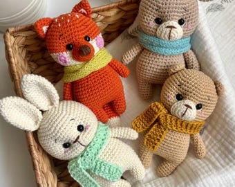 Animais de crochê: raposa, coelho, ursinho de pelúcia, veado para bebê, brinquedo de pelúcia amigurumi feito à mão