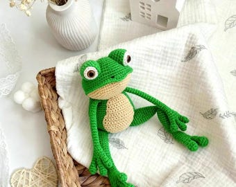 Sapo de pelúcia tricotado, feito à mão, amigurumi, sapo verde, brinquedo personalizado, decoração de animal da floresta.