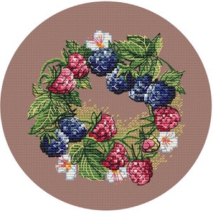 Raspberry blackberry wreath DMC Cross Stitch Pattern Printable PDF Instant Download