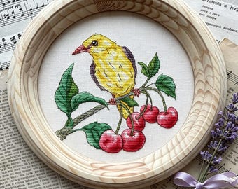 Oriole and Cherry Cross Stitch Pattern: Bird Embroidery (PDF Download)