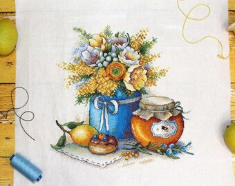 Padrão de ponto cruz "Mel, Limão, Flores num Vaso", arte contemporânea (padrão PDF)