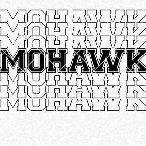 May include: Black and white graphic design of the word "MOHAWKS" repeated multiple times. The word is in a bold, blocky font style. The design is suitable for use as a digital download for crafting projects.