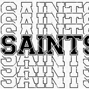 Puede incluir: Diseño gráfico en blanco y negro con la palabra "SAINTS" en negrita, con una fuente de estilo universitario. La palabra se repite varias veces, creando un patrón. Incluye iconos de tipo de archivo SVG, DXF y PNG.
