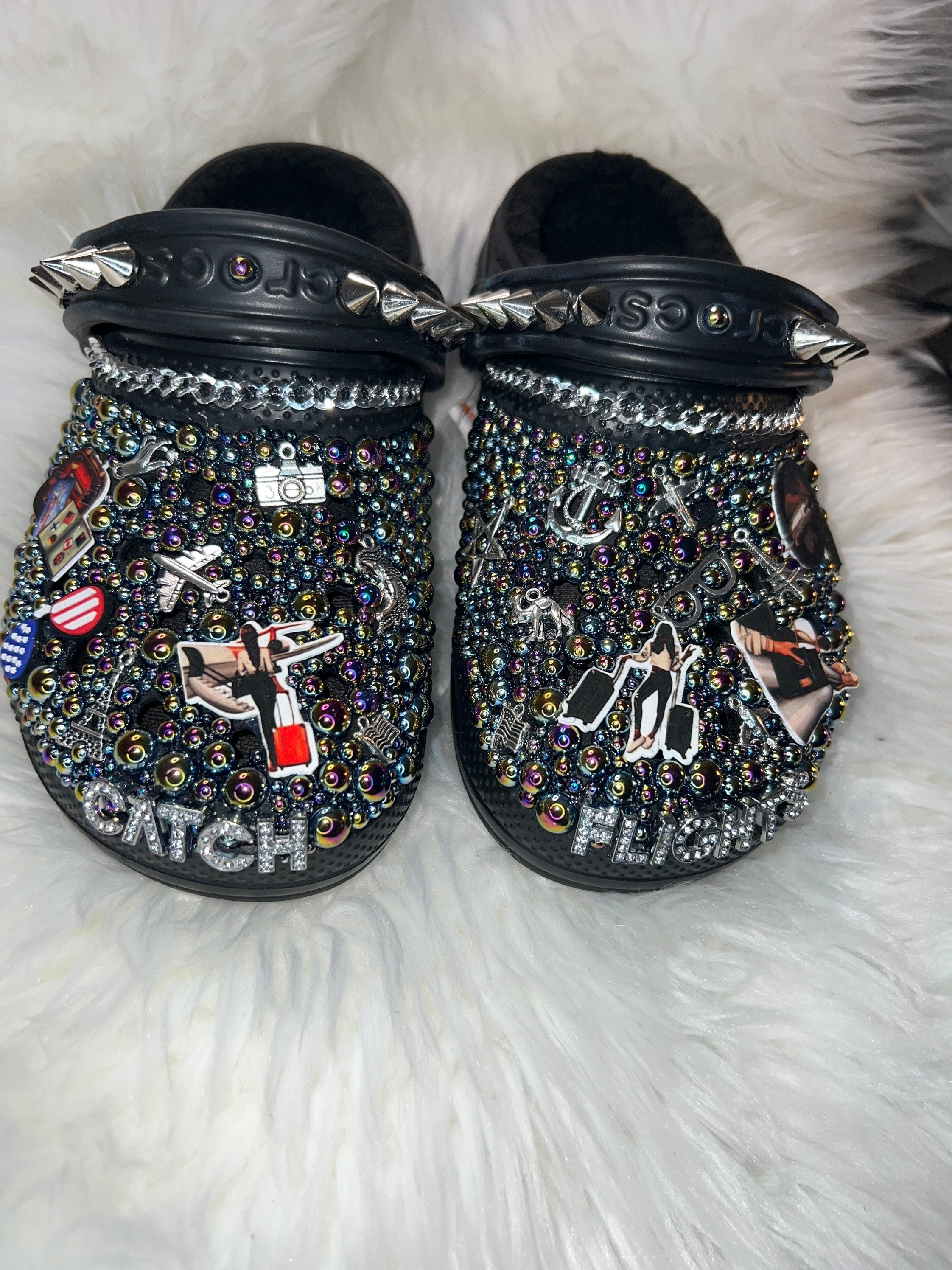 Winterized black crocs with fur and bling charms, size 7