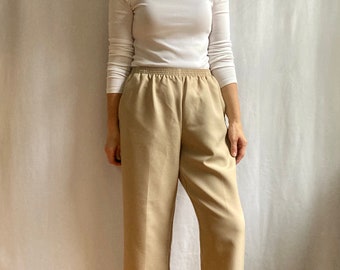 Minimalist pants, high waisted chore pants, cropped ankle pant, beige trousers, pull on waist, casual basic Capri, size 26 waist S-M petite