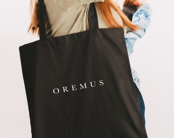 Oremus Black Tote Bag - Borsa in tela nera, borsa cattolica, regalo di conferma