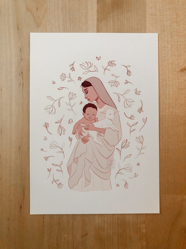 May include: A digital illustration of a woman holding a baby and a lamb. The woman is wearing a white robe and a veil. The baby is wrapped in a white blanket. The lamb is white with brown markings. The background is a light pink with a floral pattern.