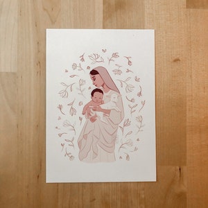 May include: A digital illustration of a woman holding a baby and a lamb. The woman is wearing a white veil and a long white dress. The baby is wearing a white onesie. The lamb is white and has a pink nose. The background is a light pink with white flowers.