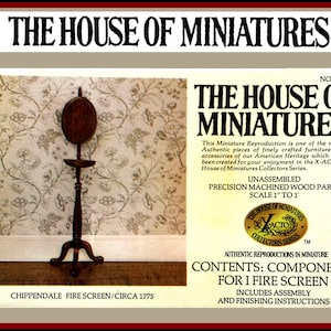 May include: A miniature Chippendale fire screen from The House of Miniatures. The dark wood screen has a round top and a slender stem, with a small shelf. The image includes text that reads "The House of Miniatures" and "Components for 1 Fire Screen".