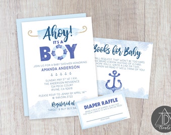 Baby Boy Shower Invitation Suite, Nautical Blue Watercolor