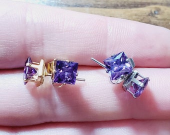 SilverGold Violet Square Princess Cut Stud Earrings 6mm CA AmethystViolet Square Cut Purple Stud Earrings