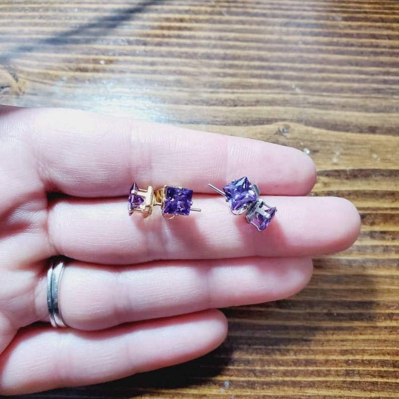 SilverGold Violet Square Princess Cut Stud Earrings 6mm CA AmethystViolet Square Cut Purple Stud Earrings