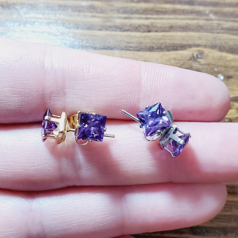 SilverGold Violet Square Princess Cut Stud Earrings 6mm CA AmethystViolet Square Cut Purple Stud Earrings