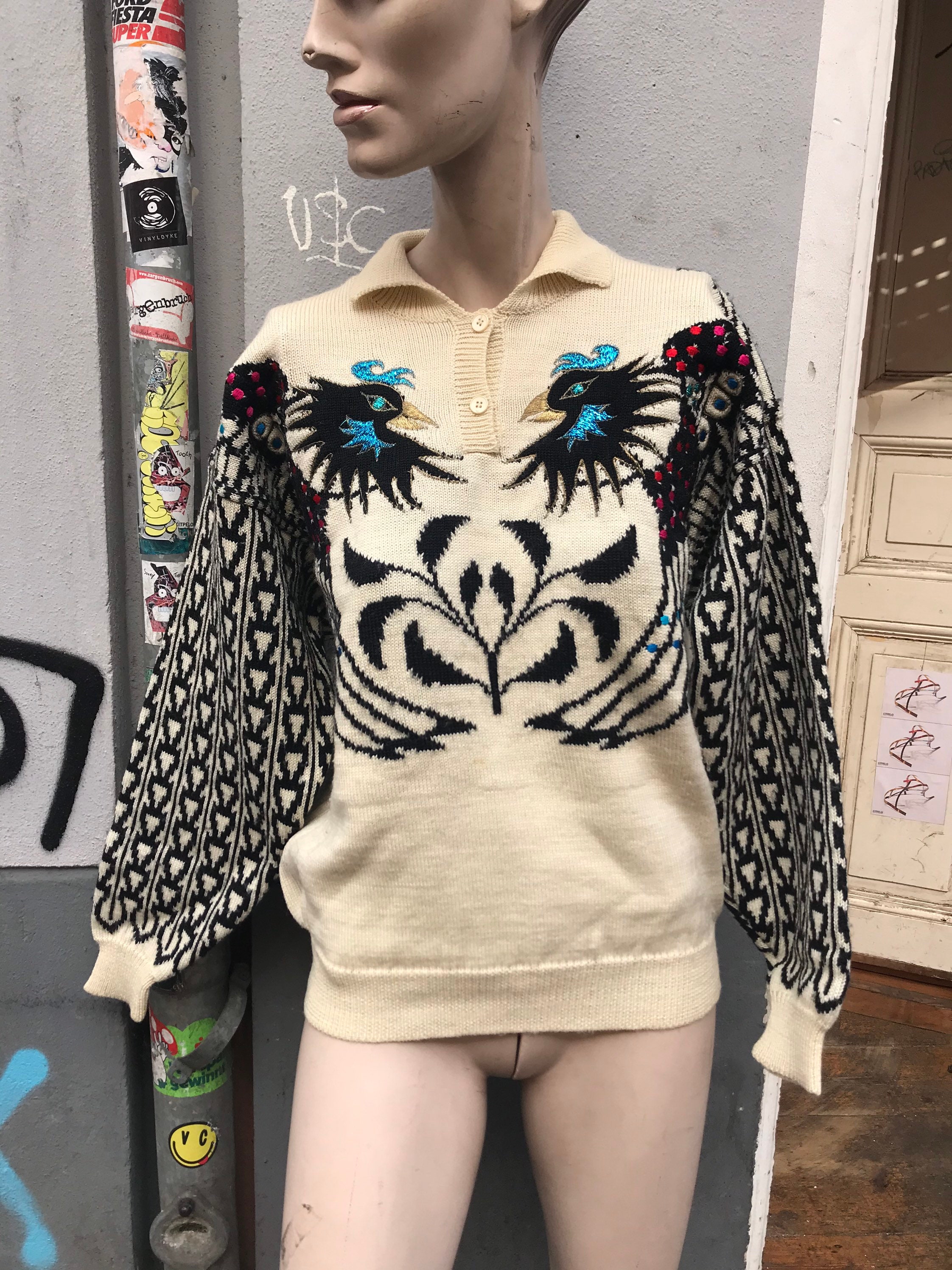 Early 80s Vintage Graphic Unisex Kansai Yamamoto Knit Sweater with Zippers