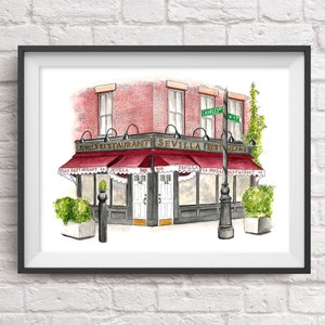 Sevilla Restaurant Art Print - NYC Cityscape West Village Building Illustration Architecture Drawing Wall Art