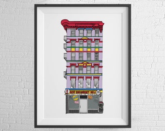 May include: A colorful illustration of a New York City building with a storefront that reads "East Side Gourmet Deli". The building is painted in shades of purple, yellow, green, red, and blue.