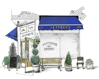 Jeffrey&#39;s Grocery Restaurant Building Illustration Wall Art Print, NYC West Village hand drawn architecture