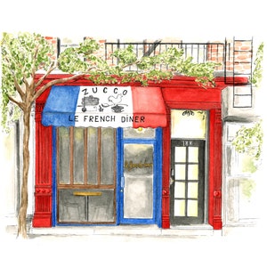 NYC Restaurant Art Print - Le French Diner, Lower East Side Illustration Cityscape Building Architecture Drawing Wall Art