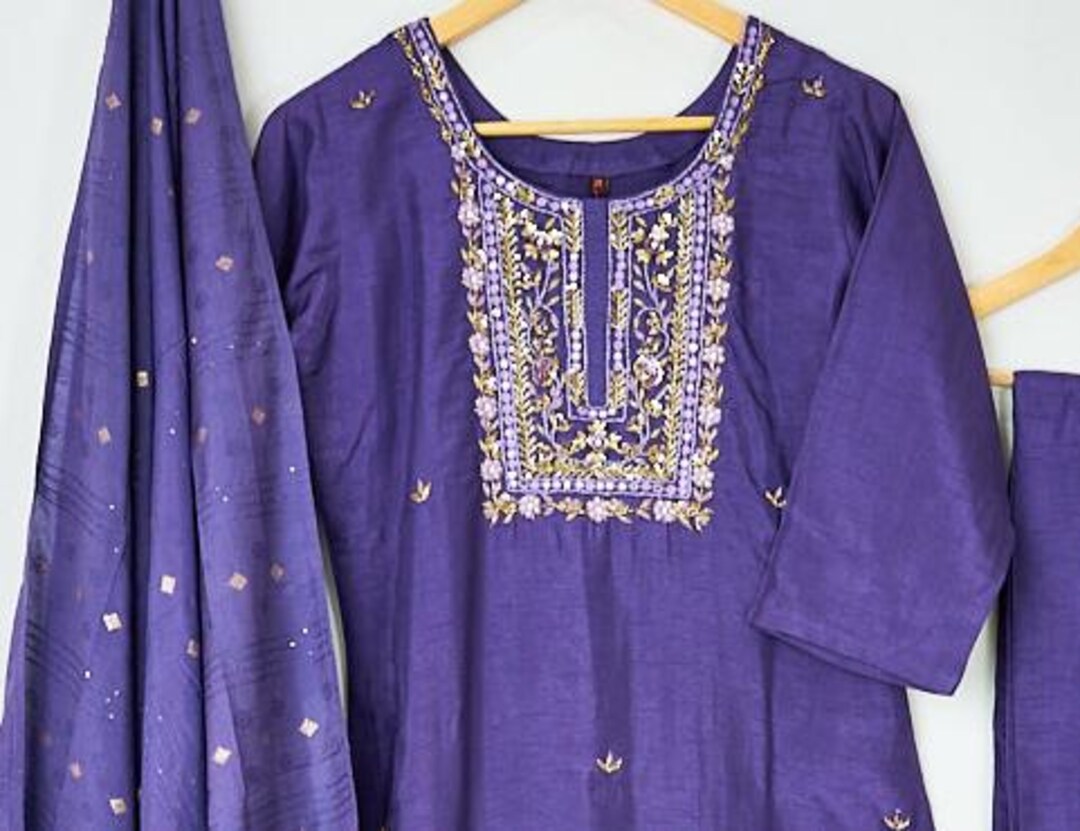 Lavender Floral Printed Rayon Kurta, Pant And Dupatta Set With Thread & Sequins Work