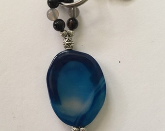 Blue Agate Slice Natural Rock Gift Healing Stones Smokey Quartz Keychain Calming