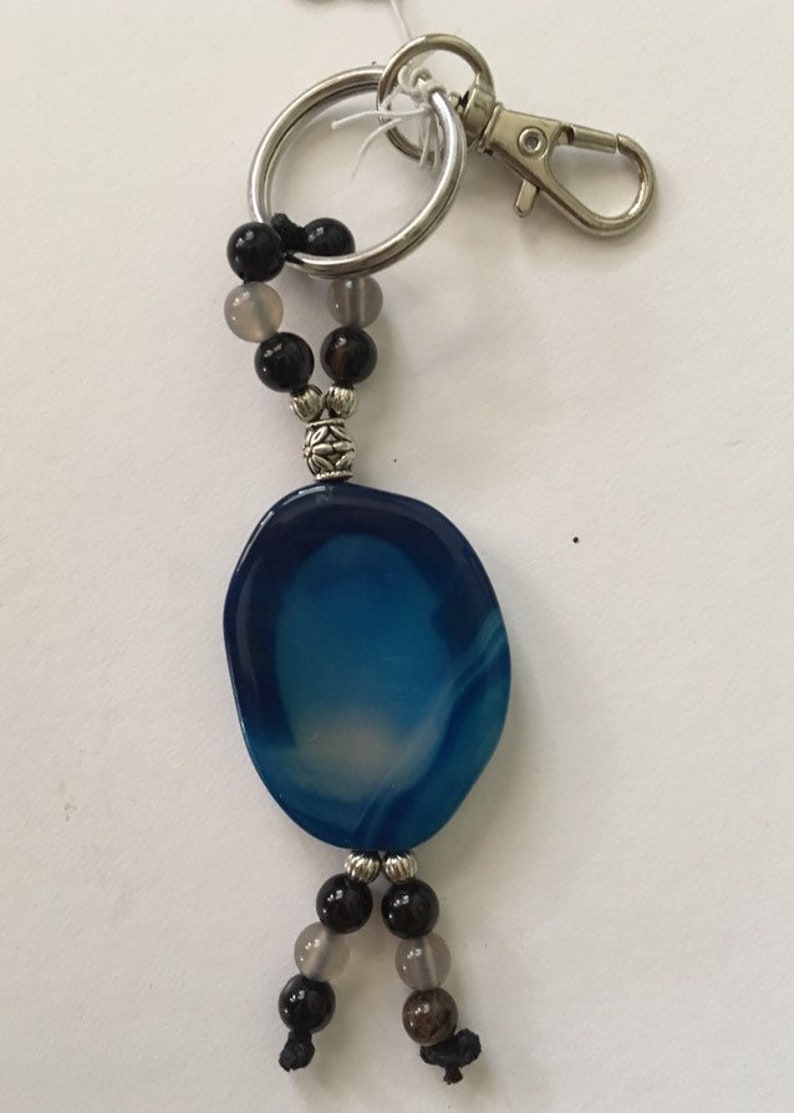 Blue Agate Slice Natural Rock Gift Healing Stones Smokey Quartz Keychain Calming