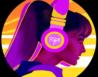 May include: A digital illustration of a person with purple hair wearing pink headphones with a yellow logo that says "RYZE". The background is a yellow circle with orange and white stripes.