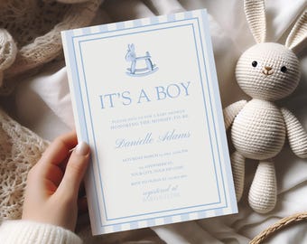 Elegant Blue Baby Boy Shower Invitation Template - Printable Classy Design - Baby Shower Blue Stripes