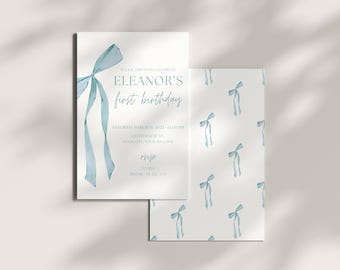 Elegant Baby Blue Bow First Birthday Invitation: Editable Template, Instant Download, Ribbon Design