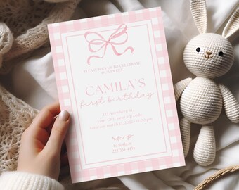 Pink Bow 1st Birthday Invitation Template | Elegant Canva Digital Coquette Design for Baby Girl Party