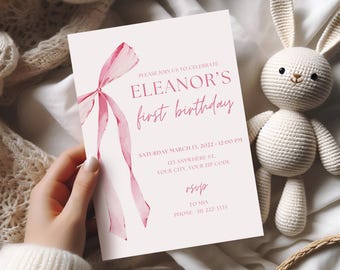 Pink Bow First Birthday Invitation - Dusty Pink Ribbon Invitation - Editable Template - Instant Download