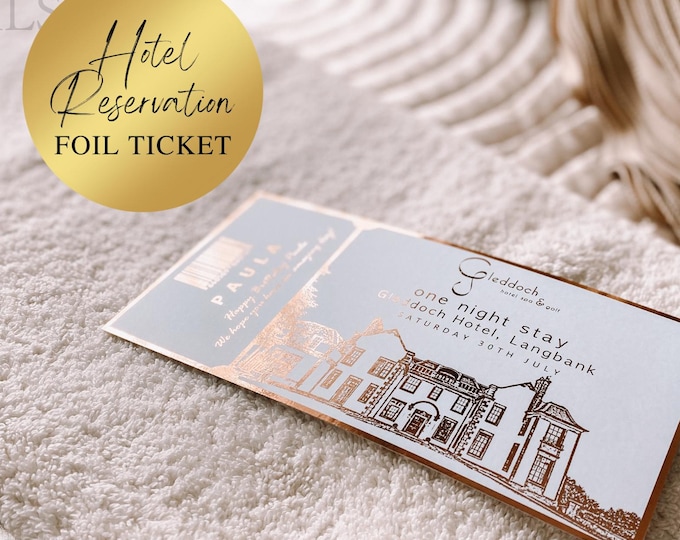 Hotel Reservation Foil Ticket, Personalised Gift Voucher for Hotel Stay or Spa Weekend, Night Away Travel Voucher Gift for Valentine's Day