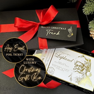 Weihnachtsluxusgeschenkbox mit benutzerdefiniertem Folienticket, Gutschein für Konzert oder Boarding Pass Holiday Reveal, Hotel Stay Surprise, Rot und Gold