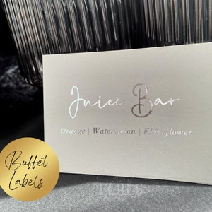 Etiquetas para alimentos con lámina de aluminio, letreros para bebidas o bufés para fiestas, tarjetas planas para mesas de pastoreo, tema gris moderno para baby shower o bodas, paquete de 8+