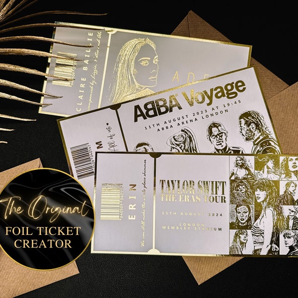 Personalised Foiled Fake Ticket for Surprise Concert, Gig or Comedy Theater Show Gift or Holiday Reveal with Fake Plane Ticket