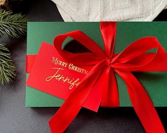 Christmas Green Luxury Gift Box with Red Ribbon Personalised Name Tag for Tickets or Voucher Packaging (23x12cmx2cm)