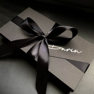 Black Luxury Gift Box, 23x12cm Card Box with Satin Feel Ribbon and Personalised Name Tag, DL Size Packaging for Gift Tickets or Vouchers
