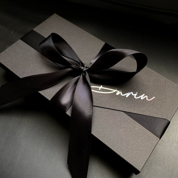 Black Luxury Gift Box, 23x12cm Card Box with Satin Feel Ribbon and Personalised Name Tag, DL Size Packaging for Gift Tickets or Vouchers