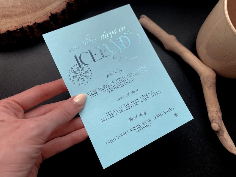 May include: A light blue travel itinerary titled "three days in Iceland." The itinerary includes a compass graphic and details for each day, such as visiting the Golden Circle and whale watching. The text is in a dark blue color.