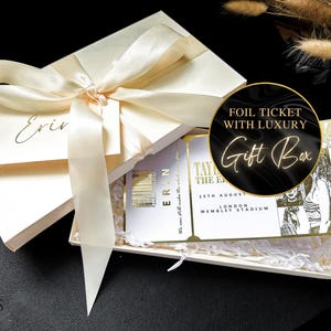 Surprise Concert Foil Ticket with Luxury Cream Gift Box, Boarding Pass Holiday Reveal, Cheque Voucher for Birthday, Hotel Stay Wedding Gift