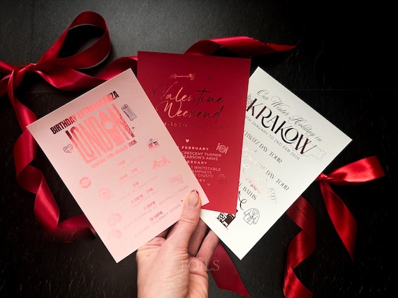 Personalised Travel Itinerary, A6 Foil Birthday Weekend Party Schedule, Valentine's Day Plans, Honeymoon Planner, Surprise Holiday Reveal