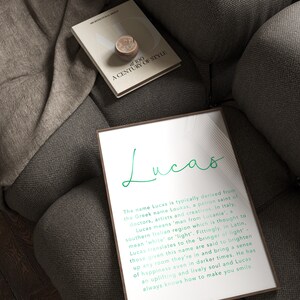 May include: A framed print with the name "Lucas" in a stylish green script. The print includes a description of the name's origin and meaning. A book titled "at 100 A Century of Style" and a decorative object rest on a gray sofa.