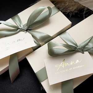Ivory Luxury Gift Box with Sage Green Ribbon Personalised Name Tag, Bridesmaid Proposal or Wedding Gift, DL Tickets or Vouchers Packaging