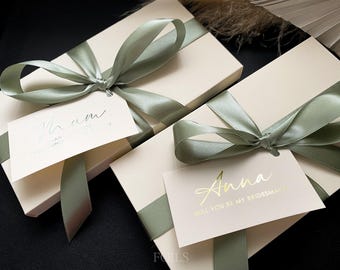 Ivory Luxury Gift Box with Sage Green Ribbon and Name Tag, 23x12x2.3cm Shallow Box for Ticket/Money Bridesmaid Proposal or Wedding Gift